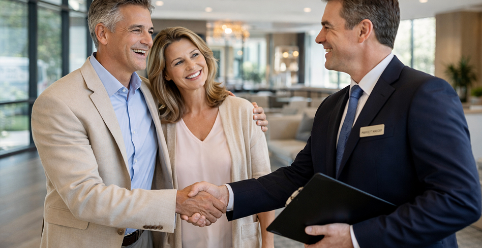 A Condominium Manager shaking hands with a smiling couple in a building lobby
